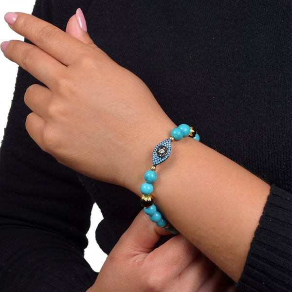 Tibetan Turquoise and Onyx Evil Eye Charm Bracelet - Art Of Tibet