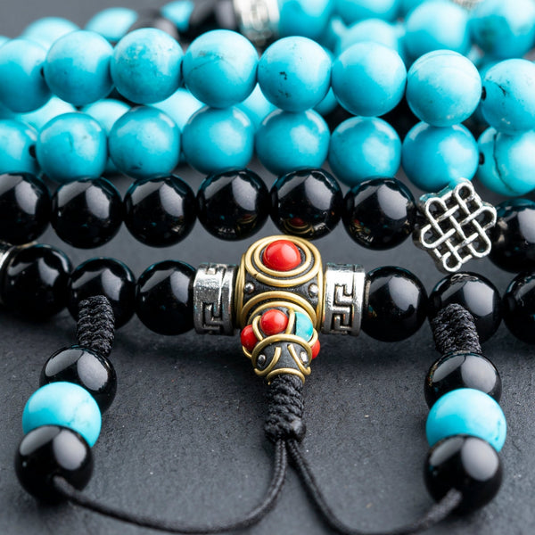 Tibetan Turquoise with Onyx Endless Knot Mala - Art Of Tibet
