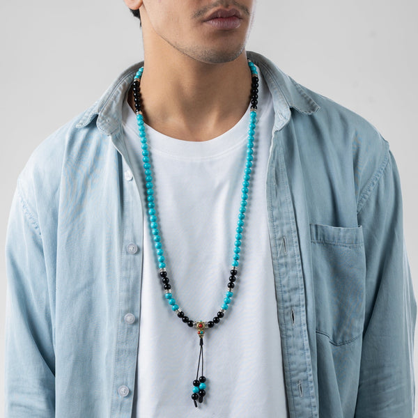 Tibetan Turquoise with Onyx Endless Knot Mala - Art Of Tibet
