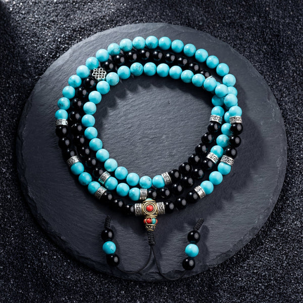 Tibetan Turquoise with Onyx Endless Knot Mala - Art Of Tibet
