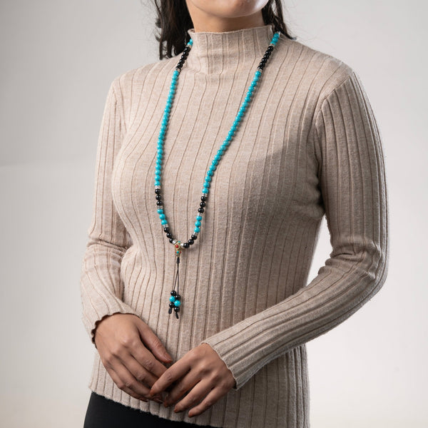 Tibetan Turquoise with Onyx Endless Knot Mala - Art Of Tibet