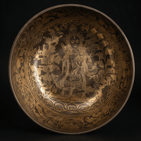 White Tara & Om Mantra Carved Singing Bowl - Art Of Tibet