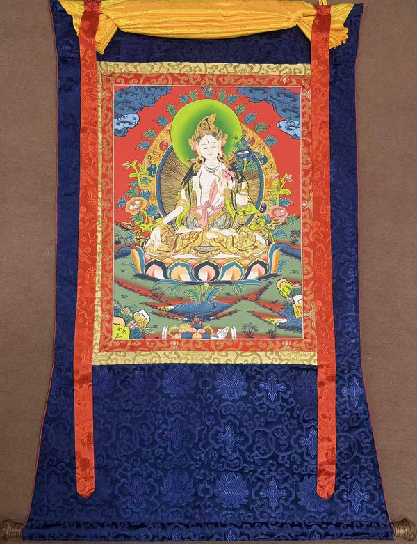 White Tara Thangka - Silk Framed - Art Of Tibet