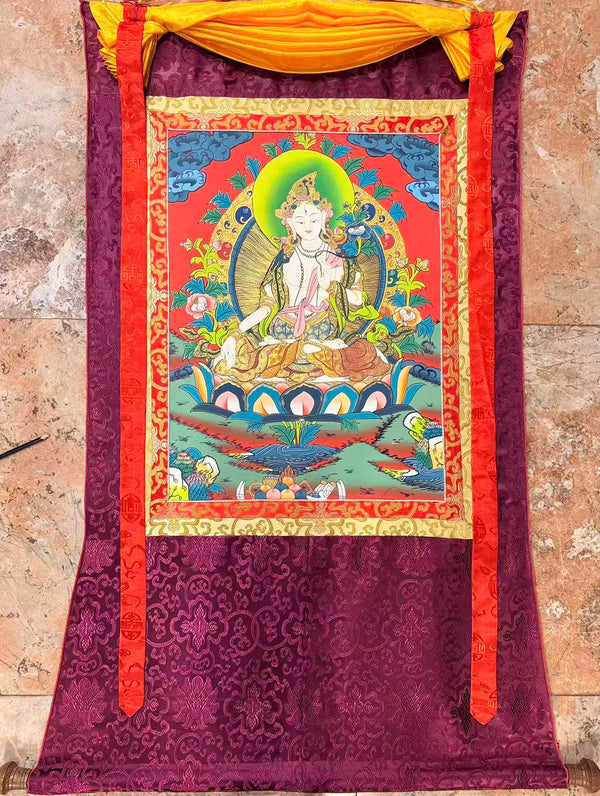 White Tara Thangka - Silk Framed - Art Of Tibet
