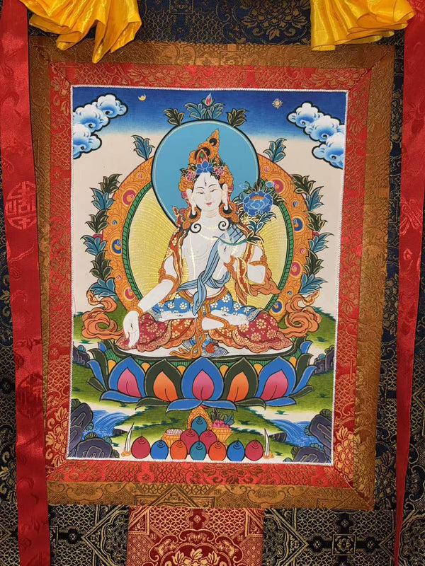 White Tara Thangka - Silk Framed - Art Of Tibet