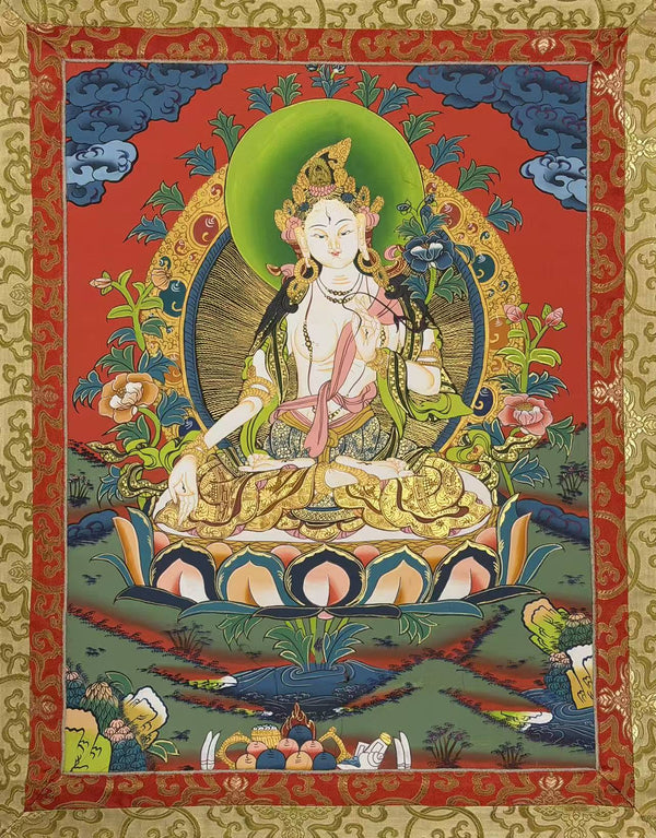 White Tara Thangka - Silk Framed - Art Of Tibet