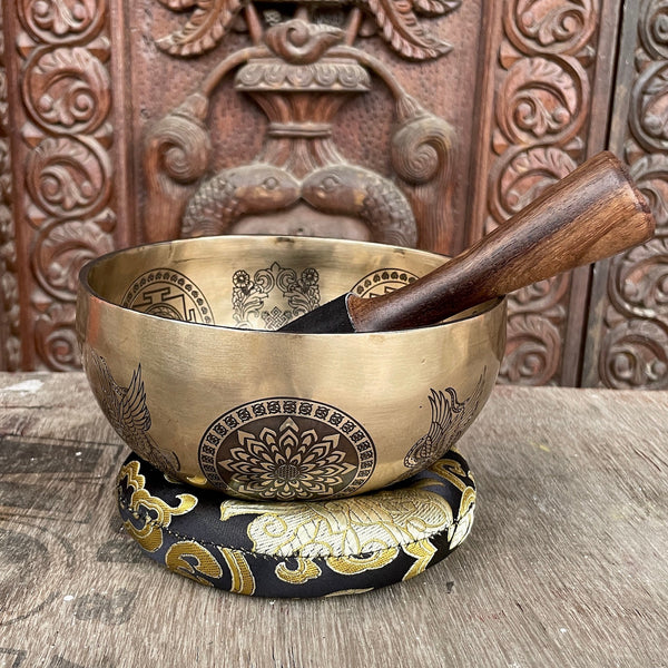 Chenrezig with Eight Auspicious Symbols Carved Singing Bowl - Art Of Tibet