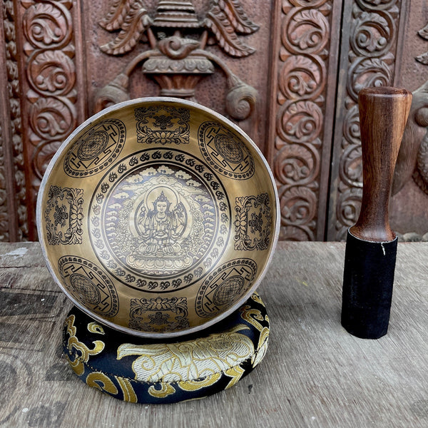 Chenrezig with Eight Auspicious Symbols Carved Singing Bowl - Art Of Tibet