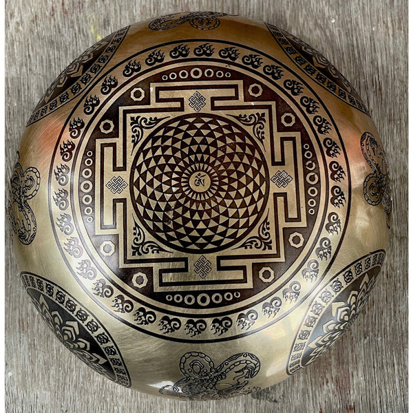 Chenrezig with Eight Auspicious Symbols Carved Singing Bowl - Art Of Tibet